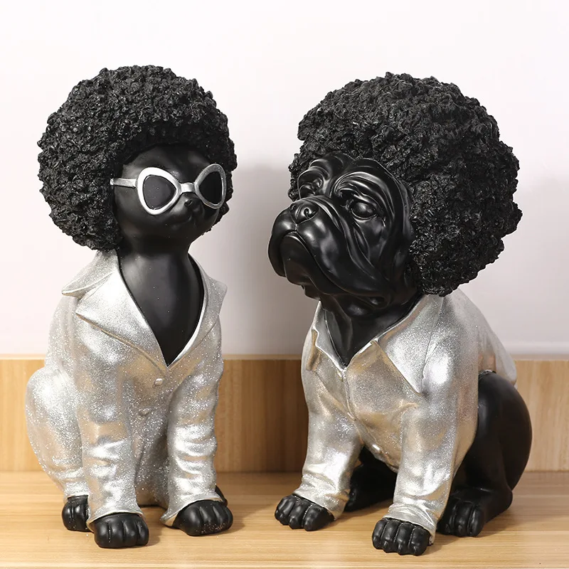 

Bulldog Figurine with Curling Hair Design Modern Creative Unique Personified Dog Ornaments Lovely Dog Decorative Articles