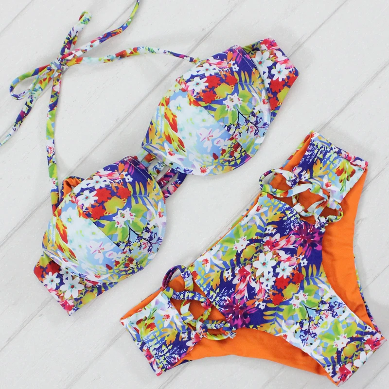

Sexy Push Up Brazilian Bikini Foral Printed Biquini Feminino Praia Lady Cut Out Bandage Swimsuit Bottom