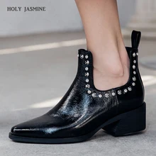 2019 New Luxury Brand Genuine Leather Women Boots Fashion Rivet Ankle Boots For Women Pointed Toe High Heels Women Chelsea Boots 2018 new winter fashion pointed toe lace up genuine leather print flower zip rivets women ankle boots thick heel chelsea boots l