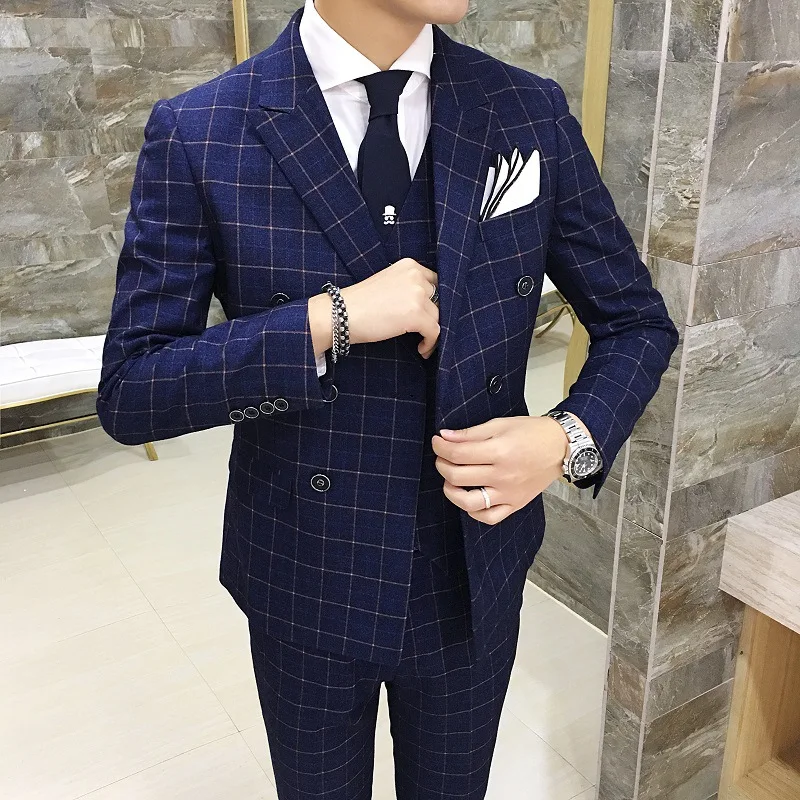 Nueva Marca casual caballero a cuadros Trajes tendencia coreano Trajes novio masculino slim fit Trajes para hombres 3 unidades (chaqueta + Pantalones Nueva Marca casual caballero a cuadros Trajes tendencia coreano Trajes novio masculino slim fit Trajes para hombres 3 unidades (chaqueta + Pantalones
