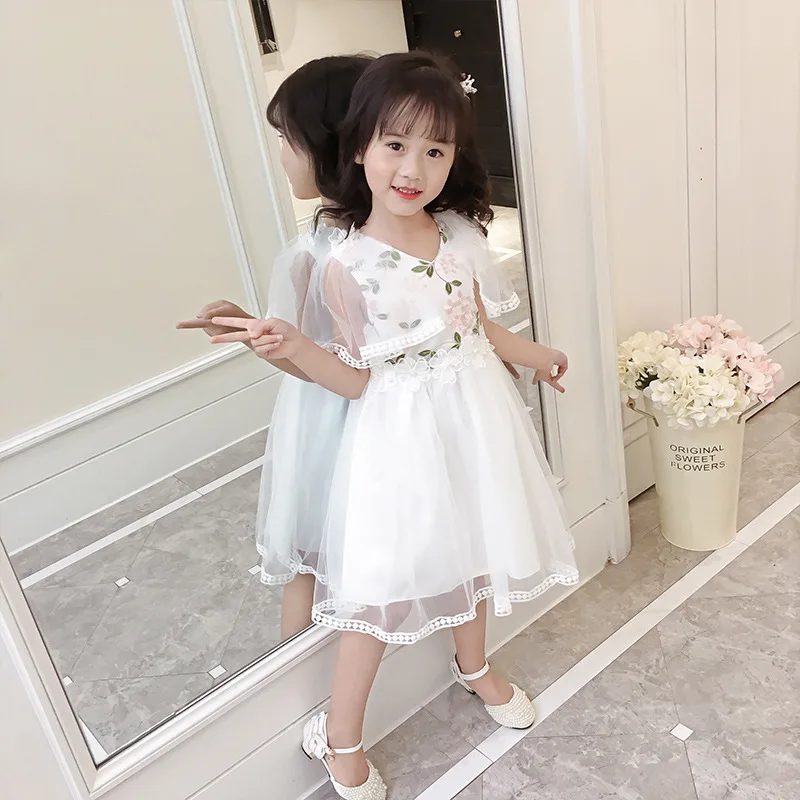 

2018 Summer Girl's Slim V Neck Short Sleeve Printing Floral Sashes Beading Princess Dress Kids Baby Children Performance Dresses