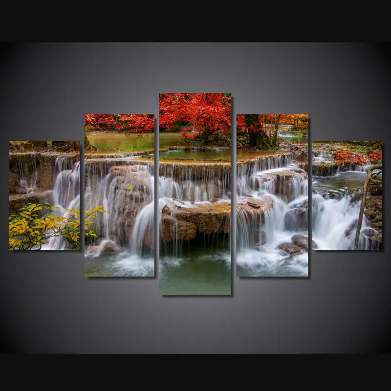 

Canvas Painting Frame Wall Art Home Decor 5 Piece Red Maple Tree Lake Waterfall Landscape Poster For Living Room Pictures PENGDA