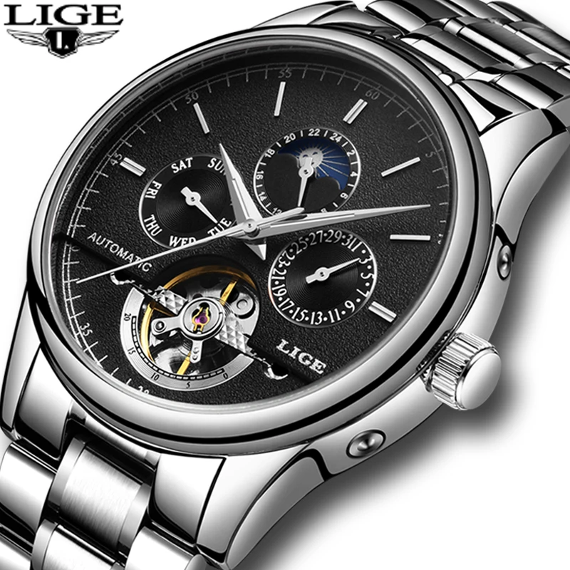 Мужские часы LIGE фирменные роскошные механические Tourbillon модные деловые с