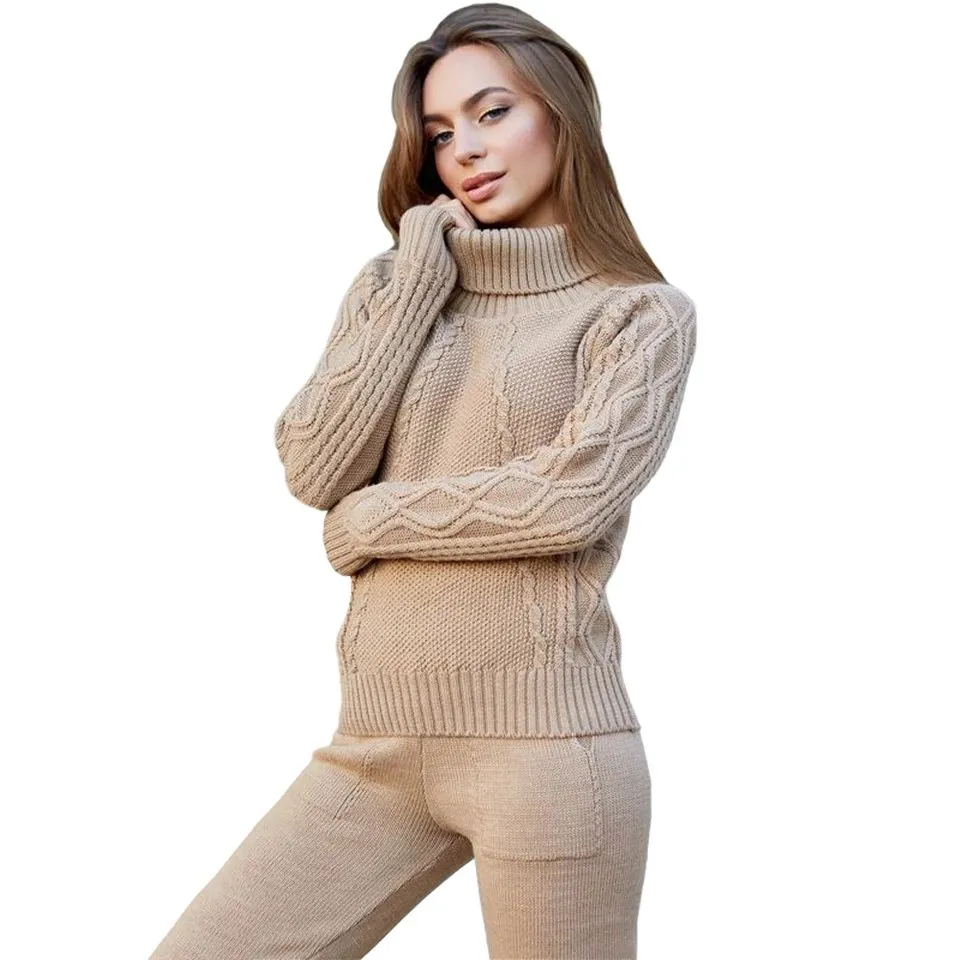 

Winter Woolen Cashmere Knitted Warm Suit Turtleneck Sweater Cashmere Pants Loose Two-Piece Set Solid Knit Suit Tracksuit
