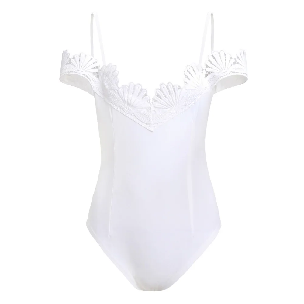 SEBOWEL Sexy Off Shoulder Spaghetti Strap Lace Bodysuit Women Skinny Body Ladies Black White Jumpsuit Romper overalls (10)