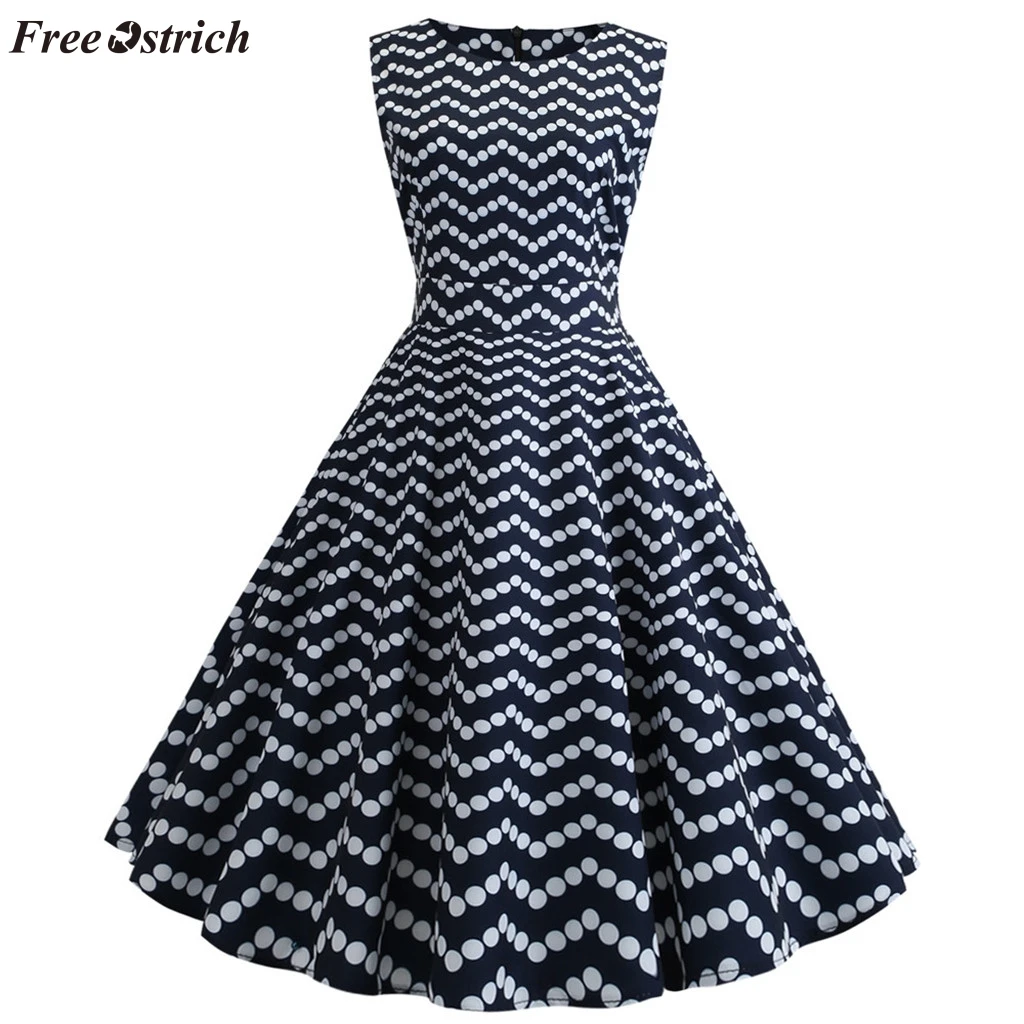 

FREE OSTRICH Big swing dress women fashion retro print sleeveless personality dot printing casual party waist dance swing dress