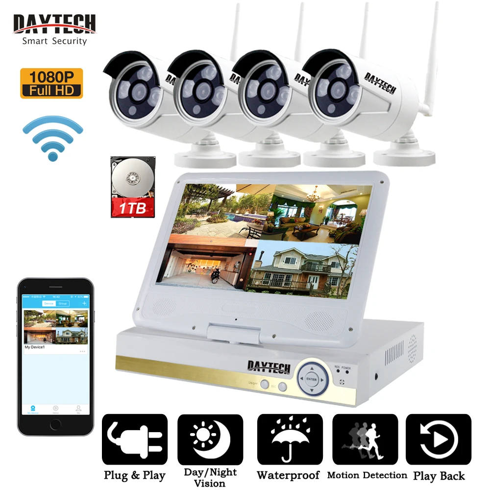 

DAYTECH Wireless NVR Kits 2MP 1080P Surveillance System 4CH CCTV Cameras Wireless WiFi LCD Monitor HDD APP Control Android iOS