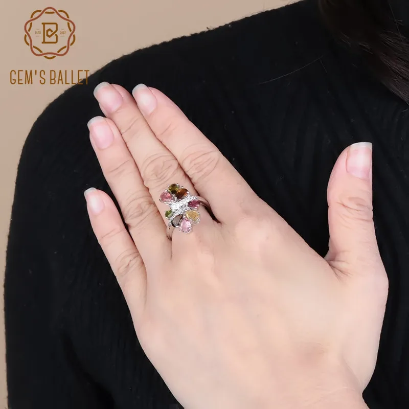 Solid 925 Sterling Silver Designer Jewelry Natural Multi Tourmaline Gemstone Ring Size 6
