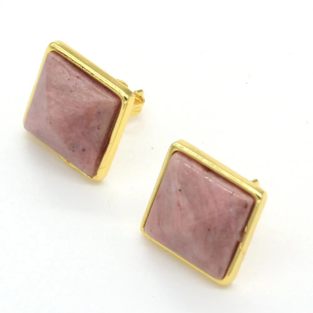 

Trendy-beads Popular Light Yellow Gold Color Rhodonite Stone Square Pyramid Stud Earrings For Women Designs Jewelry