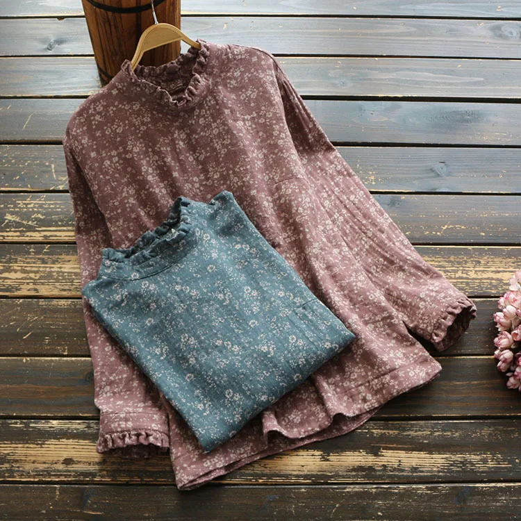 

5807 new Retro forest print mori girl shirt ruffled collar cotton female blouse