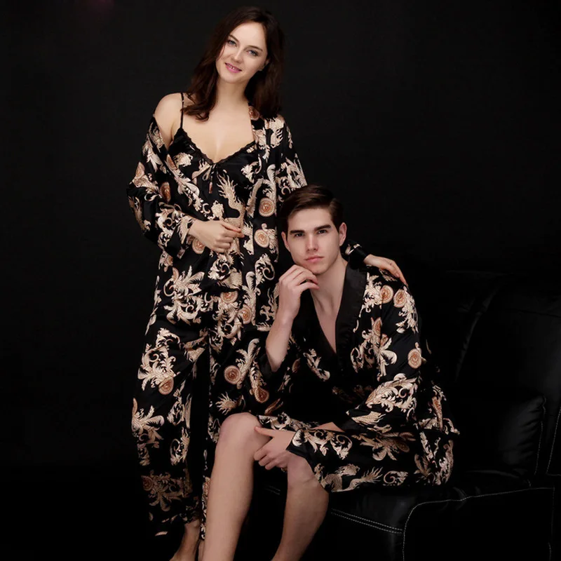 

Silk Kimono Robe Lovers Couple Nightgown Sets For Women Men Bath Gown Sleepwear Large Sexy Long Nightwear Plus Size Pajamas 3XL