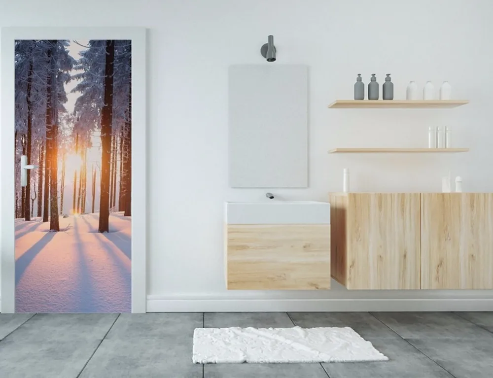 door-stickers-bathroom-themes-sunset-in-the-woods-in-winter