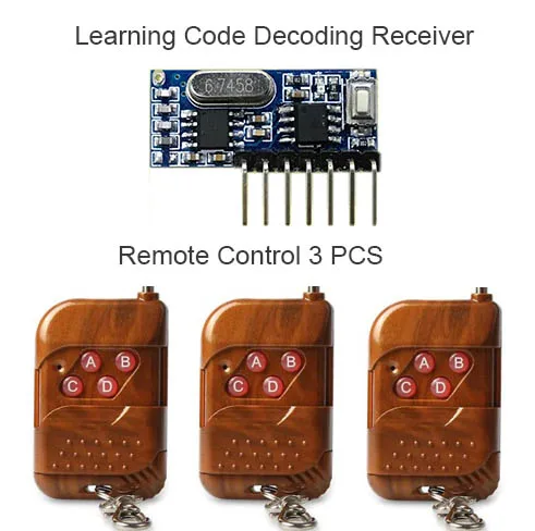 

3pcs 433Mhz Remote Control and 1pcs 433 Mhz Wireless Receiver Learning Code 1527 Decoding Module 4Ch output With Learning Button