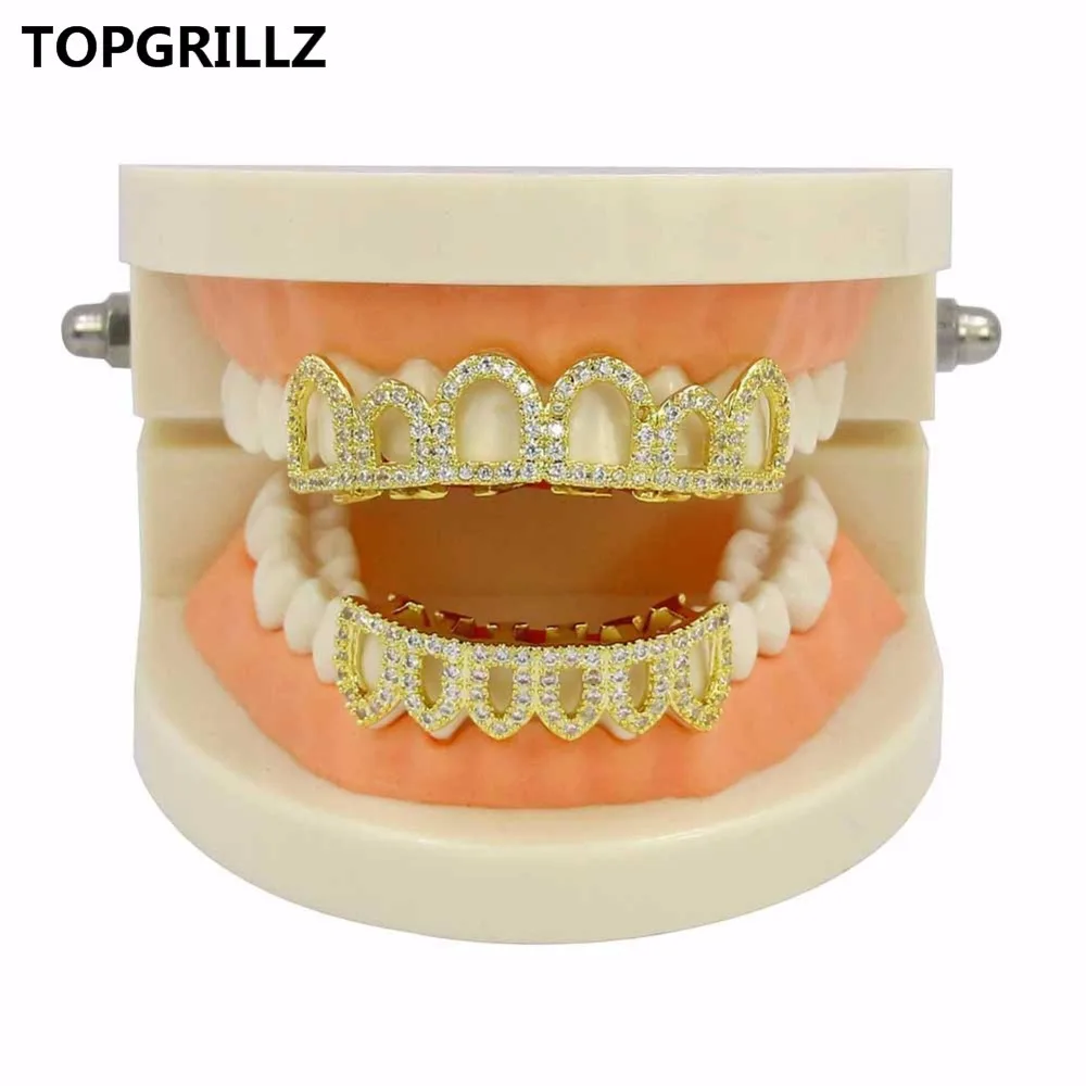  TOPGRILLZ Pure GOLD Color Plated Hip Hop Micro Pave CZ Fang Hollow Top & Bottom GRILLZ Vampire Teet