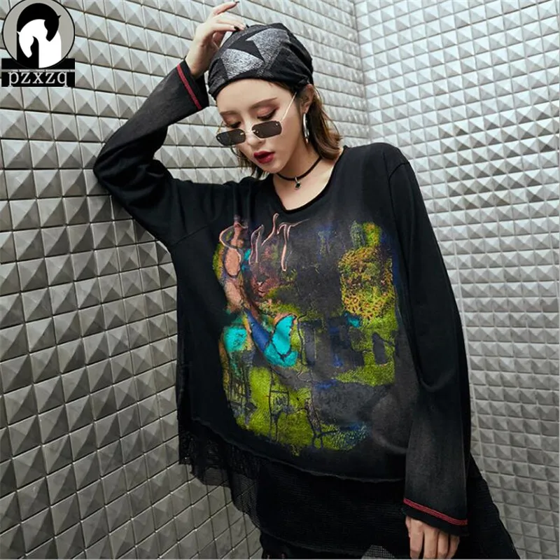 

Personality Graffiti Print Mesh Stitching Women's Long-sleeved T-shirt Top O-neck Loose Large size T-Shirts Lady Girls Basic Tee
