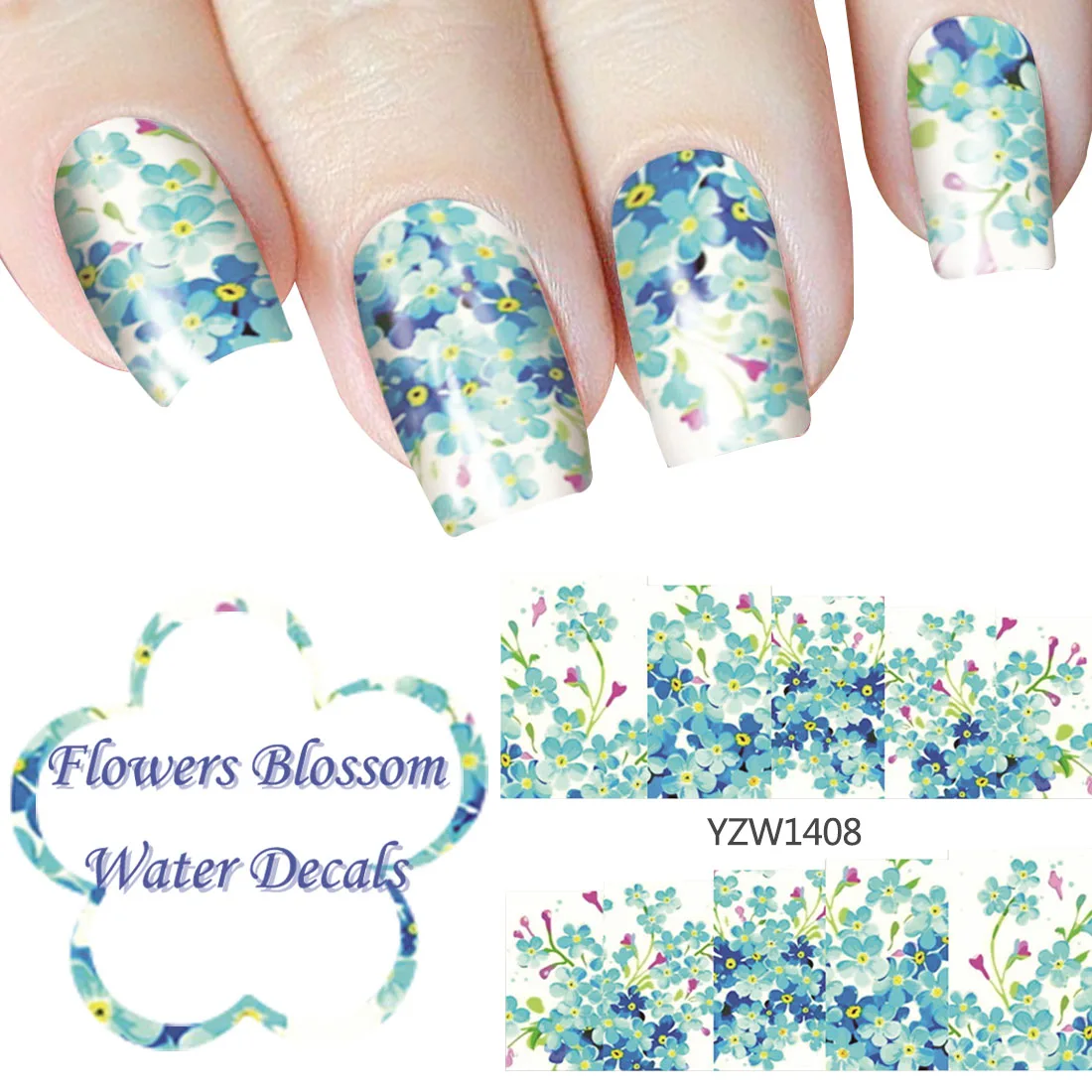 Nail Foil Glue Romantic Blue Flowers Blossom Water Decal Nail Art