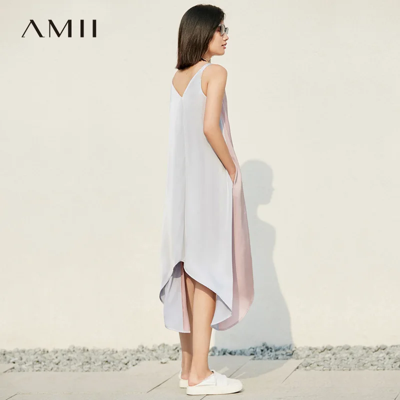 Amii Women Elegant 2018 Summer Dress Spaghetti Strap Asymmetric Patchwork V Neck Female Dresses | Женская одежда