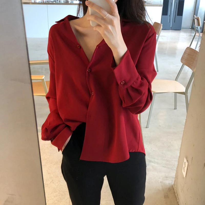 

BGTEEVER Elegant V-neck Front Button Women Shirts Office Ladies Blouses and Tops Loose Women Blouses Wine Red blusas mujer 2019