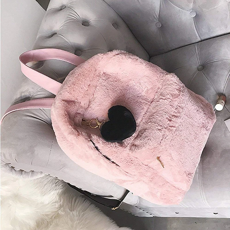 Для женщин Мягкие Искусственный Мягкий мех рюкзак сумка пушистый школьная с подвеской в виде сердца (розовый)