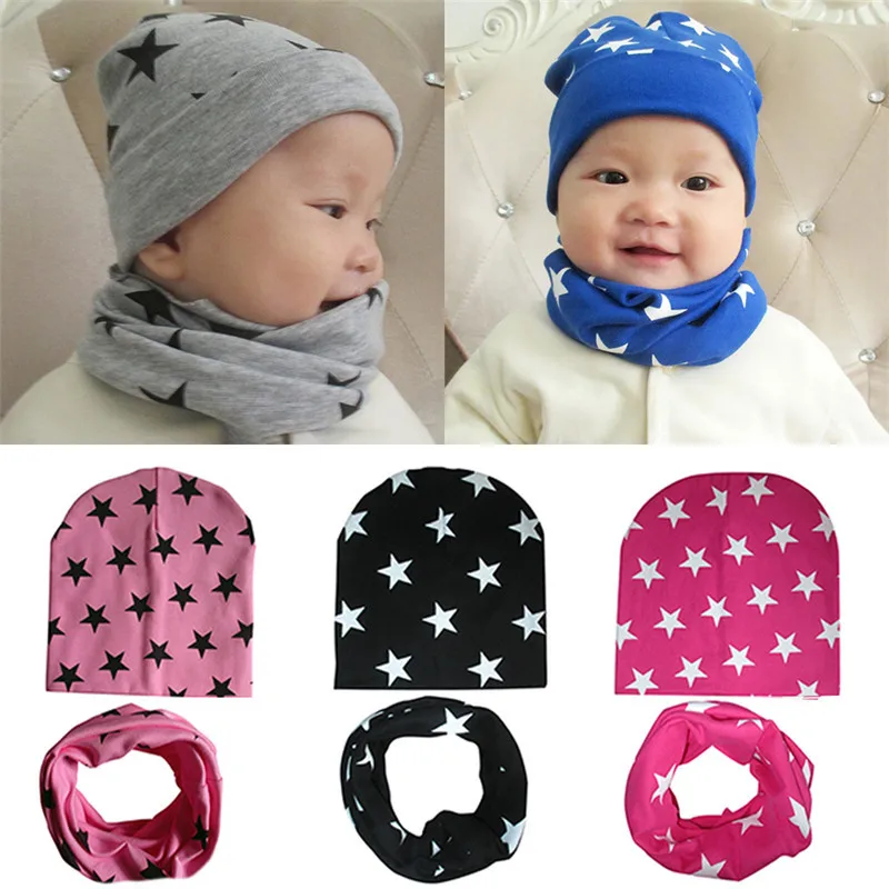 

New 2 Pcs/ Set Hat Scarf Baby Winter Cap Stars Pattern Beanie cap Warm Hats for Children Neck Warmer Photography Props