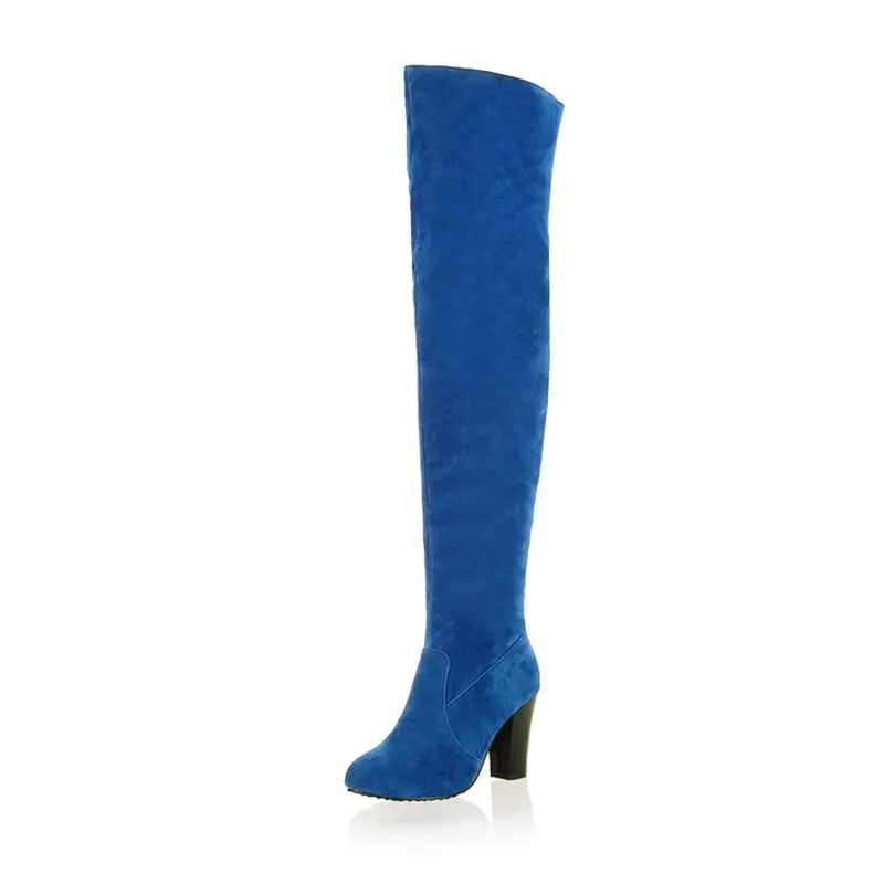 MORAZORA/Большие размеры 34-45, г. Женские ботинки ботфорты на Высоком толстом каблуке осенне-зимние сапоги модные высокие сапоги до бедра - Цвет: Синий