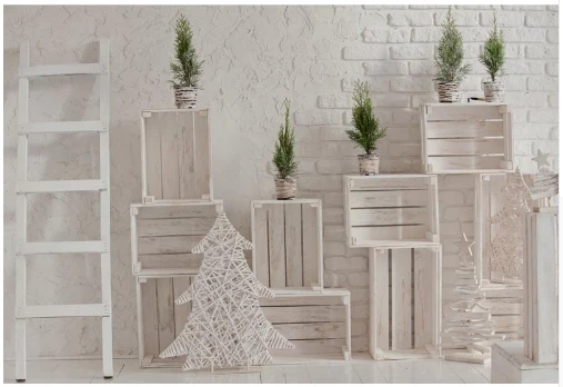 

7x5ft White Bricks Wall Wood Box Ladder Christmas Tree Washable Wrinkle Free Photo Studio Background Backdrop Polyester Fabric
