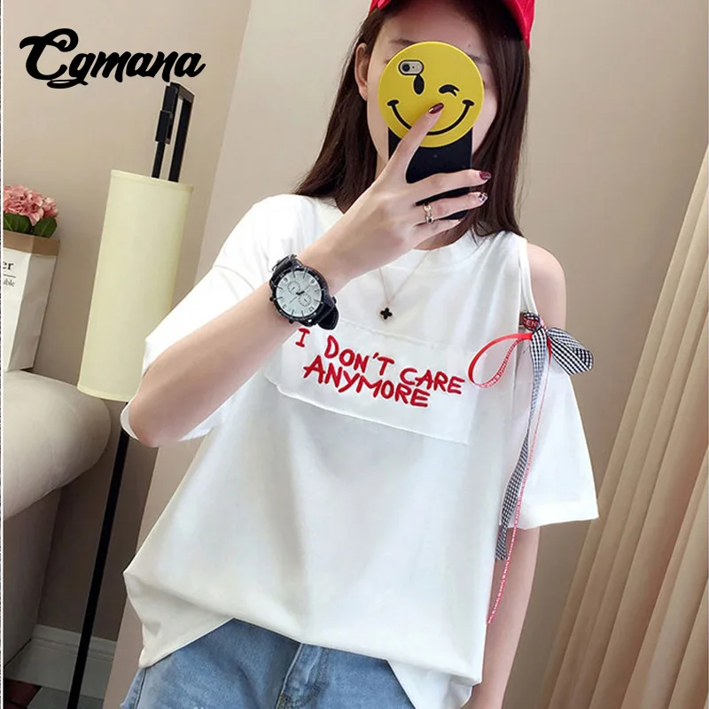 CGmana T Shirt Women 2018 Letter Printed Cotton T-shirt Female Strapless Ribbon Loose Short-Sleeved Women T-shirt Casual Top Tee Tops