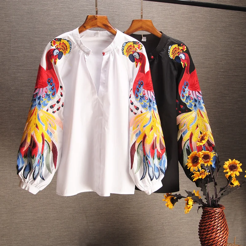 

2019 Spring and Summer Cotton Causal Shirts Embroidered Long-sleeved Shirts Woman Full Button Print O-Neck lantern Sleeve
