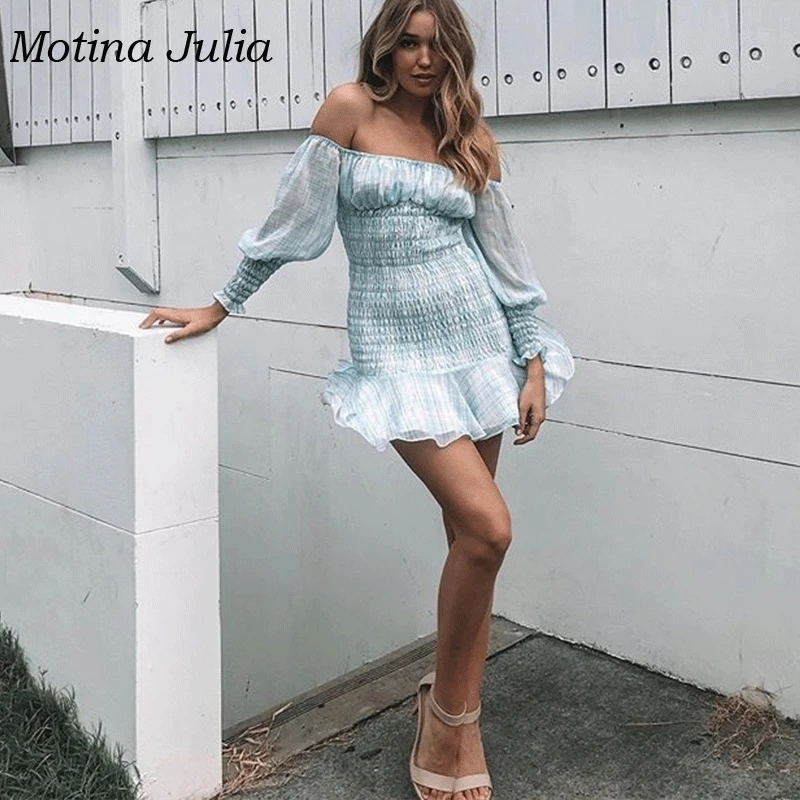 Женское платье с длинным рукавом Motina Julia мини принтом и открытыми плечами