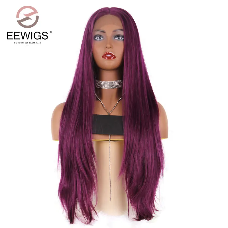 

EEWIGS Purple High Temperature Fiber Deep U Full Hair Wigs Long Natural Straight Synthetic Lace Front Wig For Women
