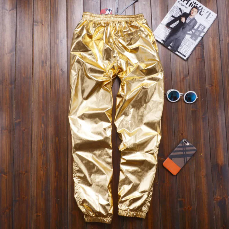 Plus size 8XL Spring Women Loose Silver Harem Pants Female Casual Shiny jogger sweatpants Women Motorcycle Metallic trousers - Color: Golden