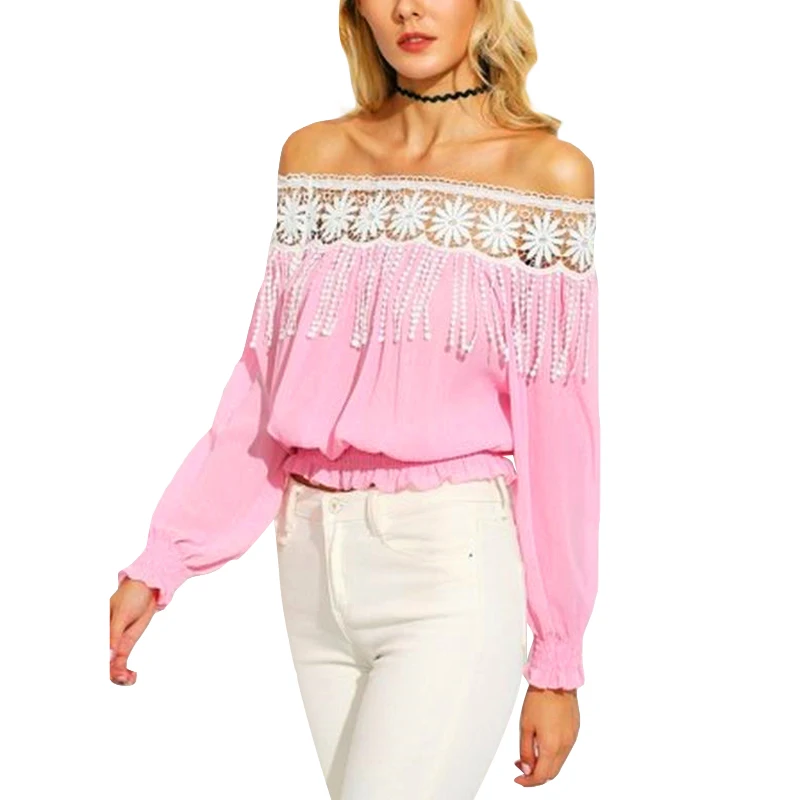 Tassel Fringe Chiffon Blouse Women Beautiful White Lace Patchwork Slash Neck Pink Ruffle Blouse