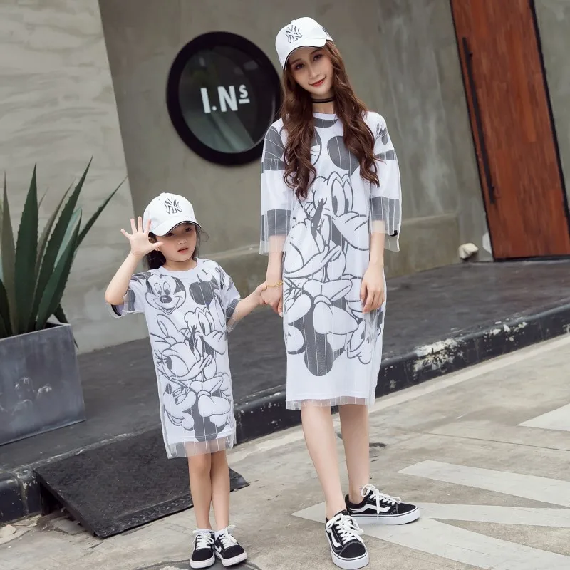 

New 2018 Summer Mother Daughter Dress Family Matching Clothes Mesh Animal Dog Printed Knee Length Dress Bohemian Summer Style