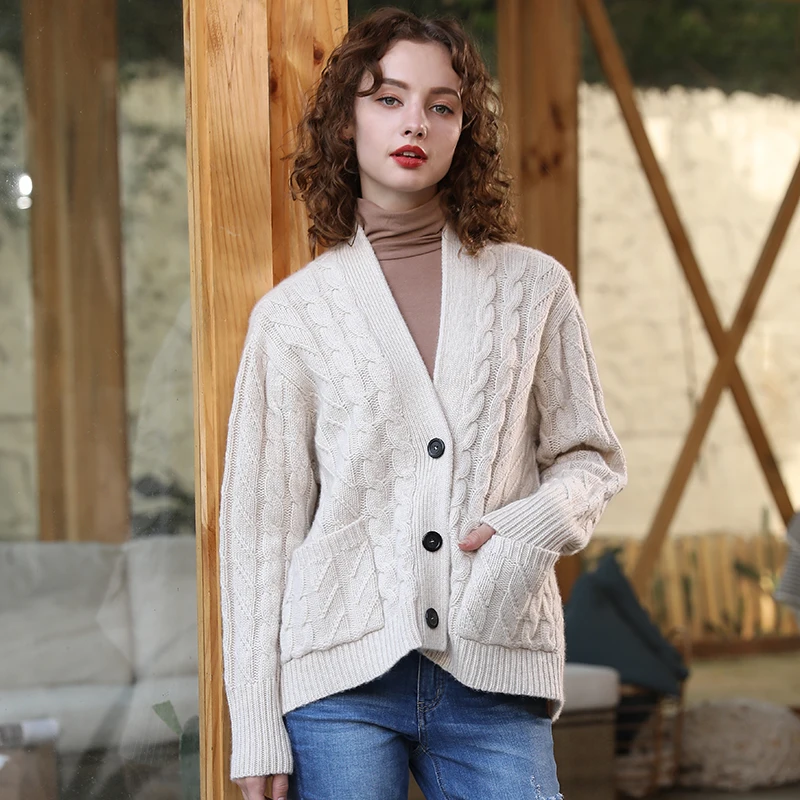 

Women Top Autumn Winter Coat 100 Pure Cashmere Cardigan Sweaters Plus Size White Buttons Outerwear Female Rib Knitting Cardigans