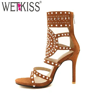

WETKISS 2018 Sexy High Heels Sandals Women Ankle Wrap Gladiator Shoes Fashion Ladies Party Footwear Bohemia Bead Shoes Zip Black