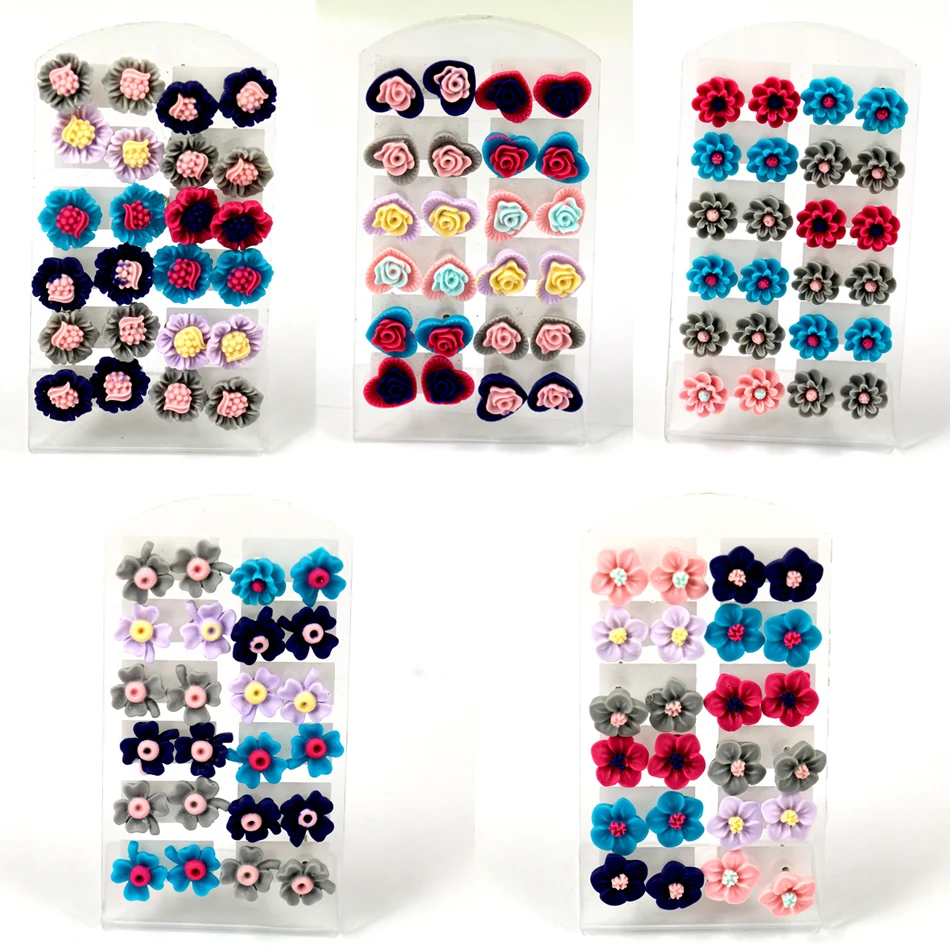 

Factory Factory Directly Wholesale Cute Colorful Resin Flower Stud Earrings With Iron Needle Stick 12pairs/card