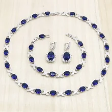 Темно-синий кристалл 925 пробы серебряные Ювелирные наборы для женщин ожерелье серьги браслет юбилейный свадебный день рождения ювелирные изделия