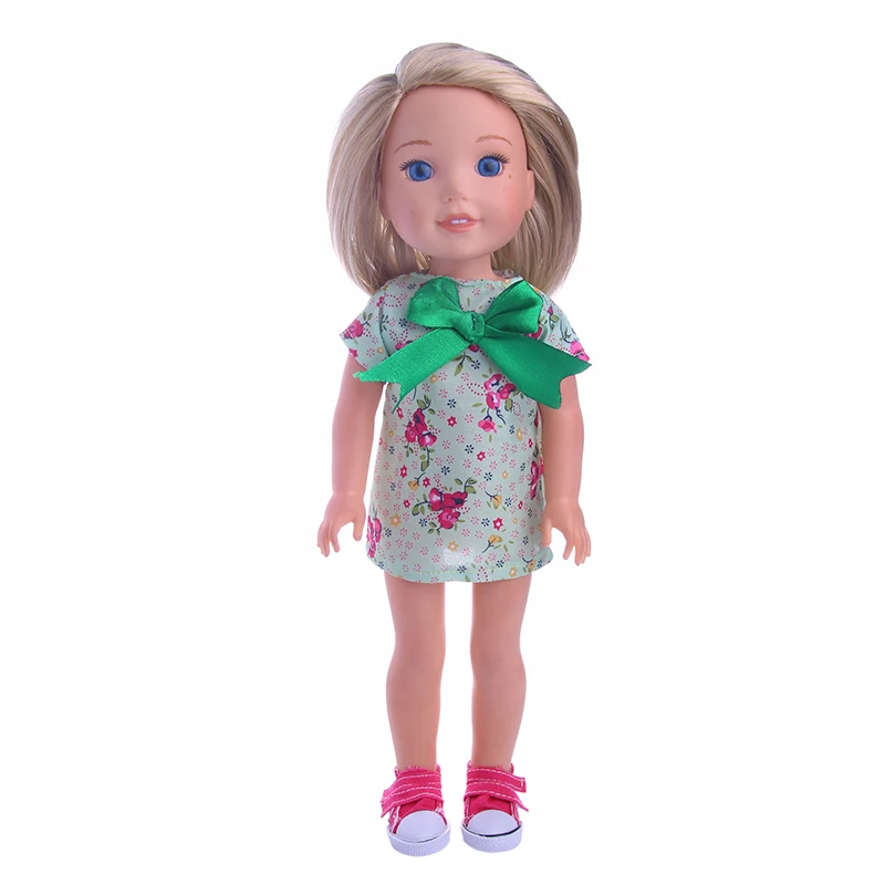 

Beige dress (green butterfly bow tie) fit for 14.5inch American doll WellieWishers,Children the best Christmas gift