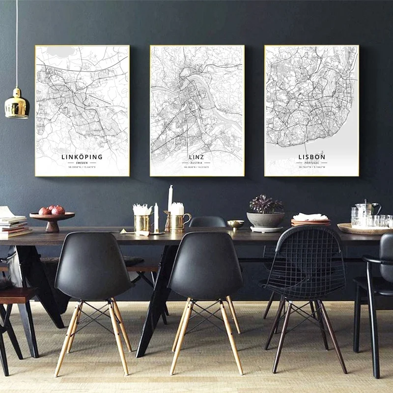 

Lisbon Portugal,Linkoping Sweden,Linz Austria,Modern City Gold Map Canvas Art Print Home Room Decor Poster