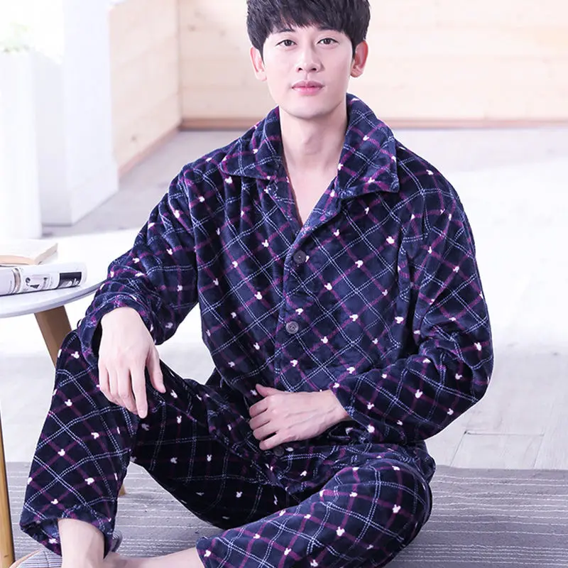 Pajamas Set Men Winter Warm Stripe Sleepwear Print Thick Flannel Pyjama Long Sleeve Pants V-Neck Shirt  Man Home Pjs cotton pjs