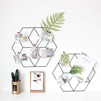 

Nordic Ins Style Hexagonal Wrought Iron Grid Red Photo Wall Shelf Decoration Simple DIY Innovative Rack For Home