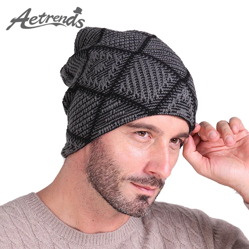 [Aetrends] Зима Шапки Для мужчин Hat шапочки Skullies с бархатом внутри Z