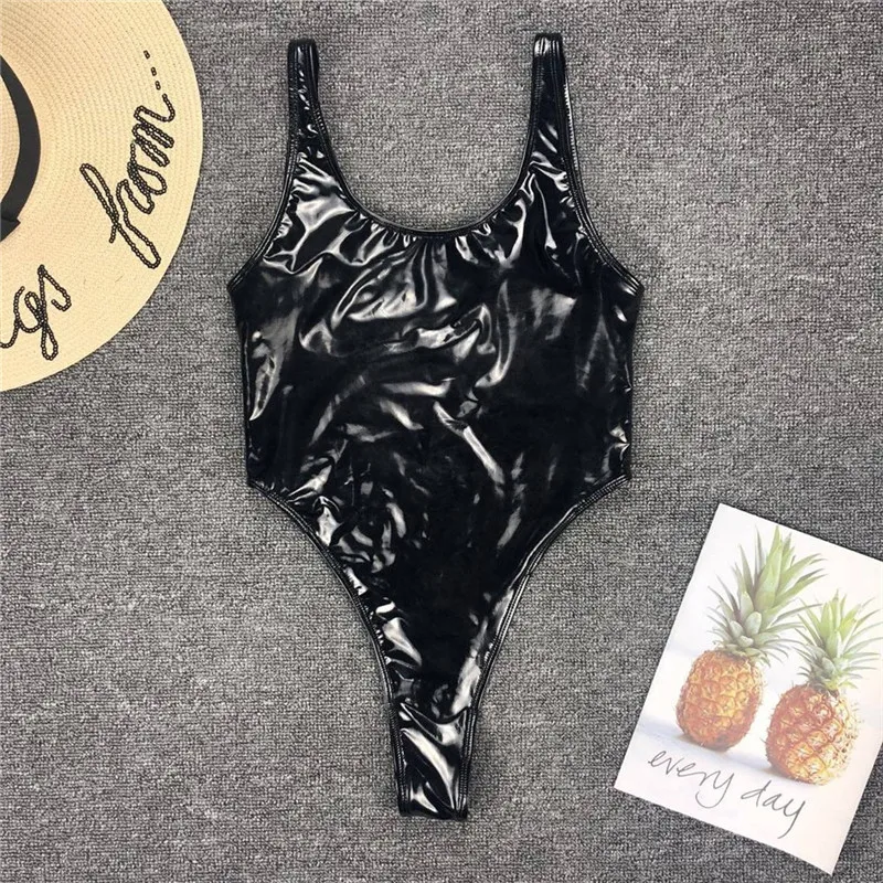 Черный с высоким вырезом стринги цельный купальный костюм Пуш-Ап купальный костюм женский купальный костюм 2019 PU кожа Детали бикини