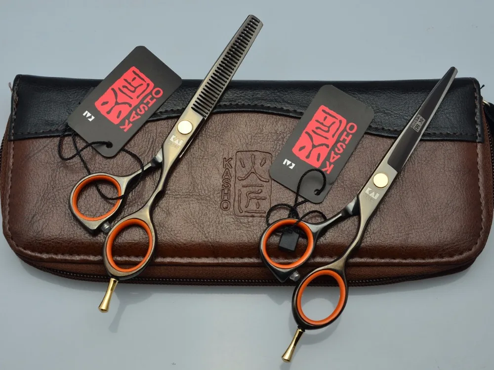 

715# 5.5'' Brand Kasho Black TOP GRADE Hairdressing Scissors 440C 62HRC Barbers Cutting Scissors Thinning Shears Hair Scissors