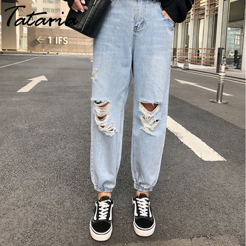 Tataria/Женские джинсы-шаровары с высокой талией, джинсовые штаны длиной до щиколотки, женские свободные рваные джинсы с эластичной резинкой на талии
