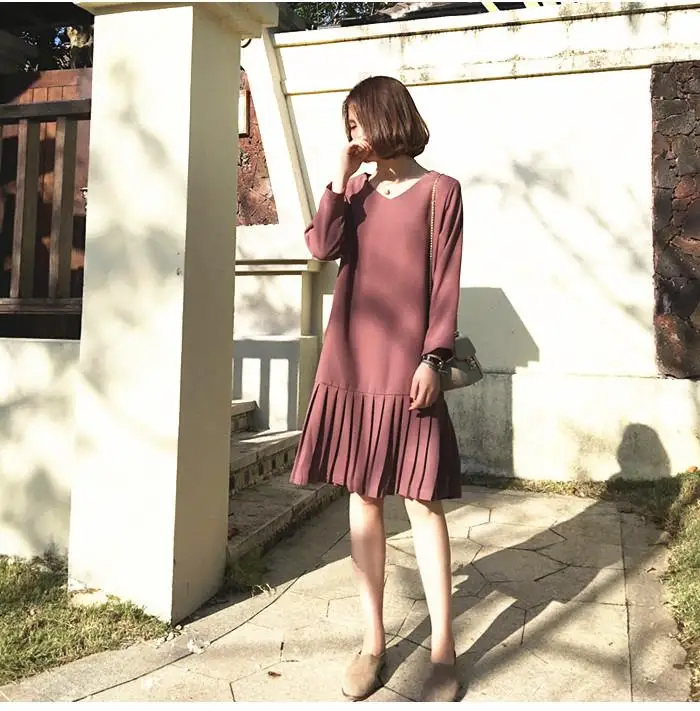 Корейское плиссированное платье размера плюс с v-образным вырезом, женское весенне-осеннее повседневное элегантное винтажное платье с длинным рукавом, vestidos Mujer, черное - Цвет: as pictured