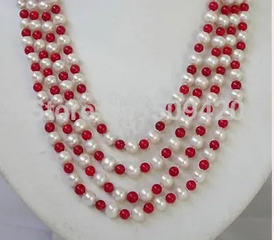 

Free Shipping >100"surprising 6mm red coral +akoya PEARL white pearl Necklace