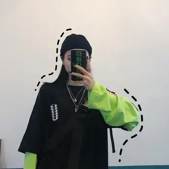 

Harajuku street hip hop retro hit color letter print fake two piece loose T-shirt