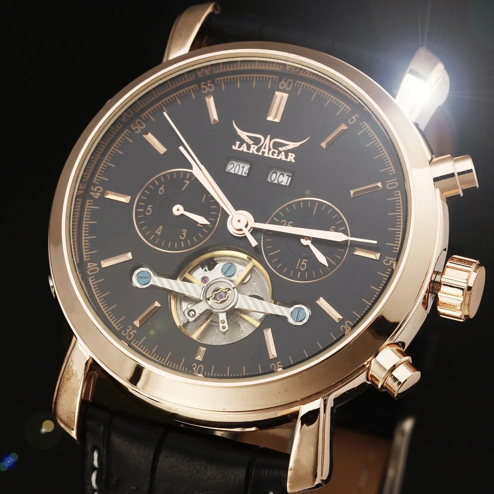 

JARAGAR Tourbillon Automatic Watch Calendar Dial Genuine Leather Rose Gold Case Men Dress Mechanical Watches