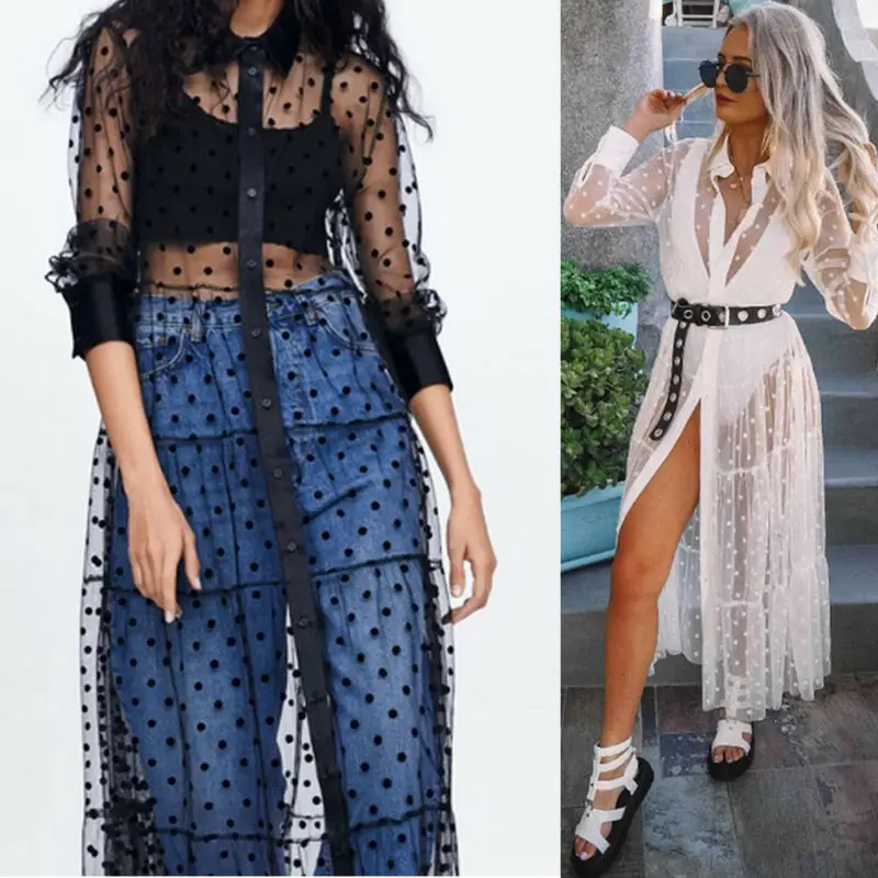 

2019 Summer New Women Casual Sexy Dress Mesh Sheer V Neck Dot Turndown Collar Solid Dress See-through Party Club Beach Dress